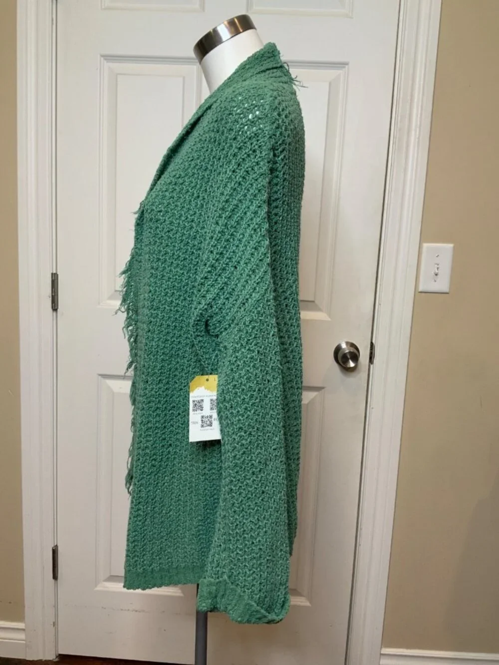 Free People Seafoam Green Open Front Chunky Knit Fringe Cardigan, Size S